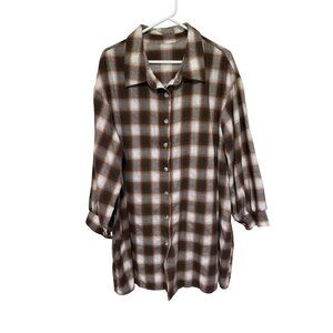 Shein Duster Long Shirt Button Brown White Plaid Flannel Womans 3X